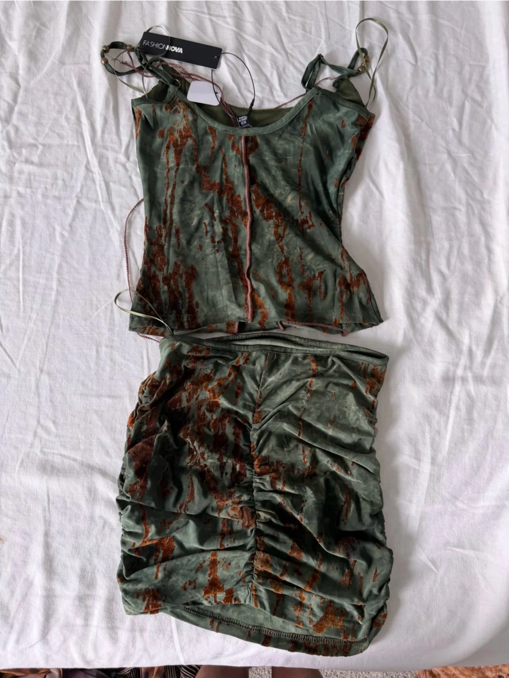 Fashion Nova Olive & Rust Velvet Printed Mini Top and Skirt Set
